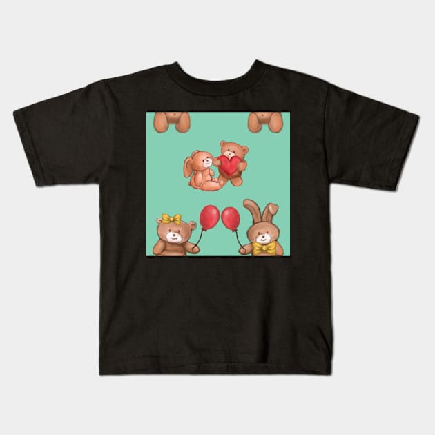 Teddy and Bunny cute blue solid Kids T-Shirt by ArtInPi